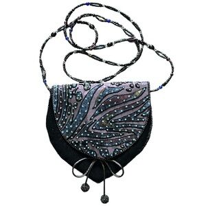 Vintage Black Velvet Crossbody Evening Bag w/ Blue Iridescent Beads Beaded Strap